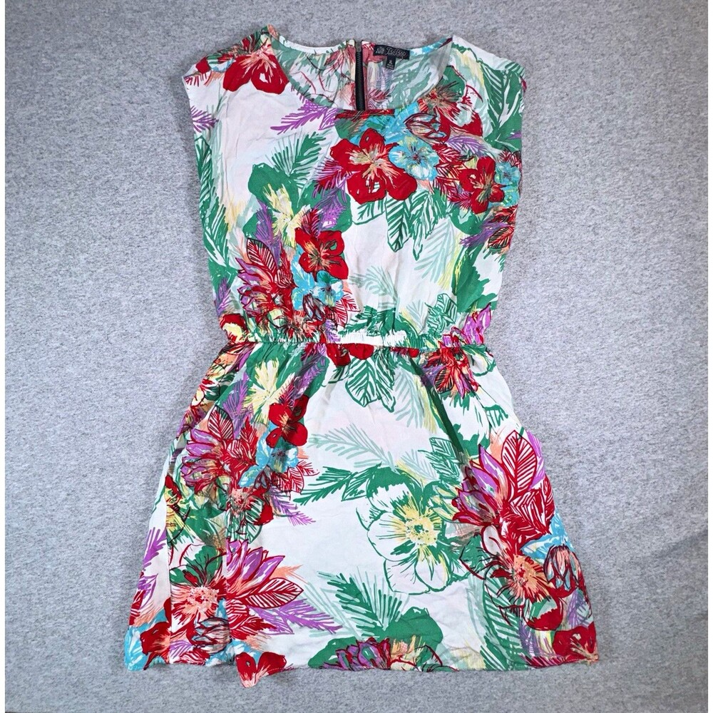 BeBop Juniors XL Tropical Floral Mini Dress Elastic Waist Pockets Resort Boho